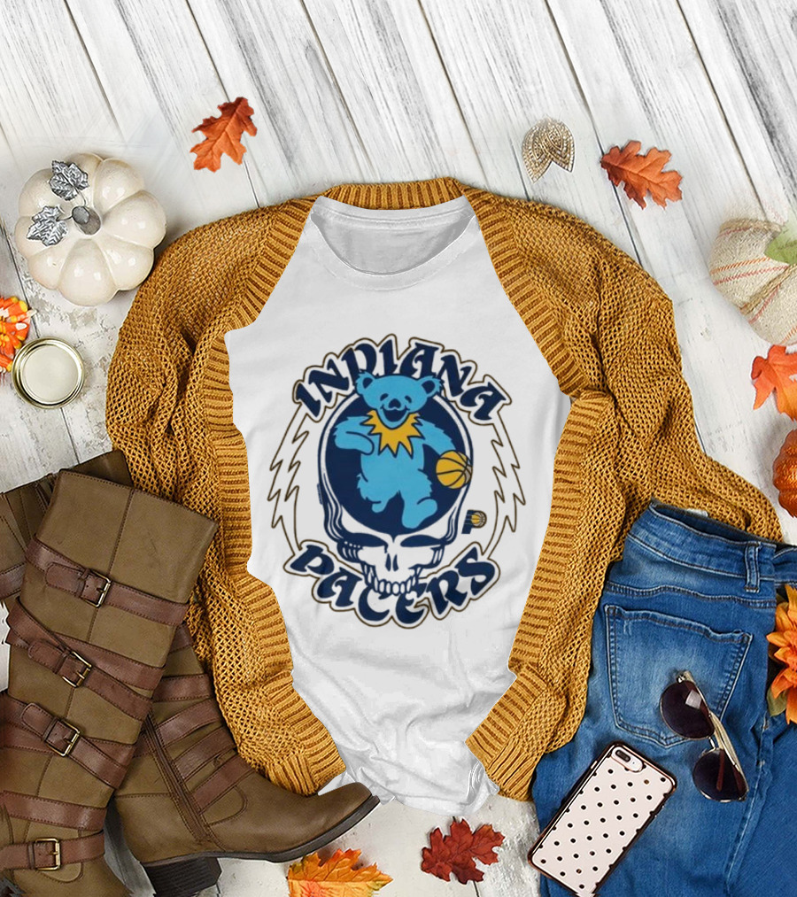 Indiana Pacers Grateful Dead Bear Basketball Icon with Skull T-Shirt