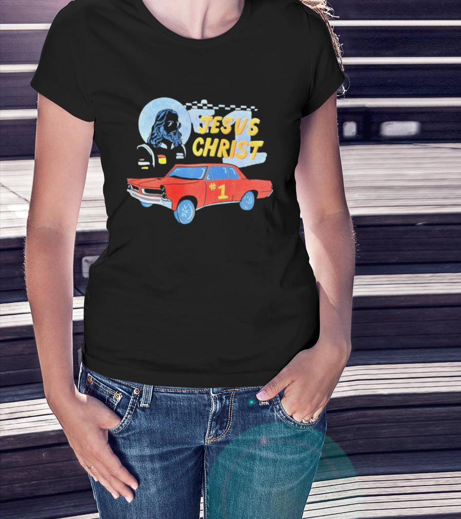 Jesus Christ Racing Champion With Red Car And Checkered Flag T-Shirt