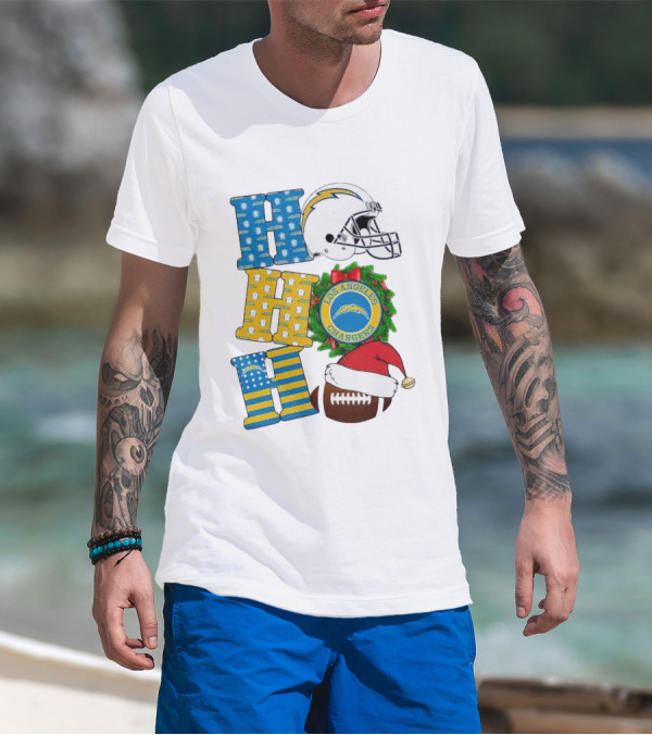 Los Angeles Chargers Ho Ho Ho Merry Christmas Wreath Helmet Football Santa Hat Featured T-Shirt