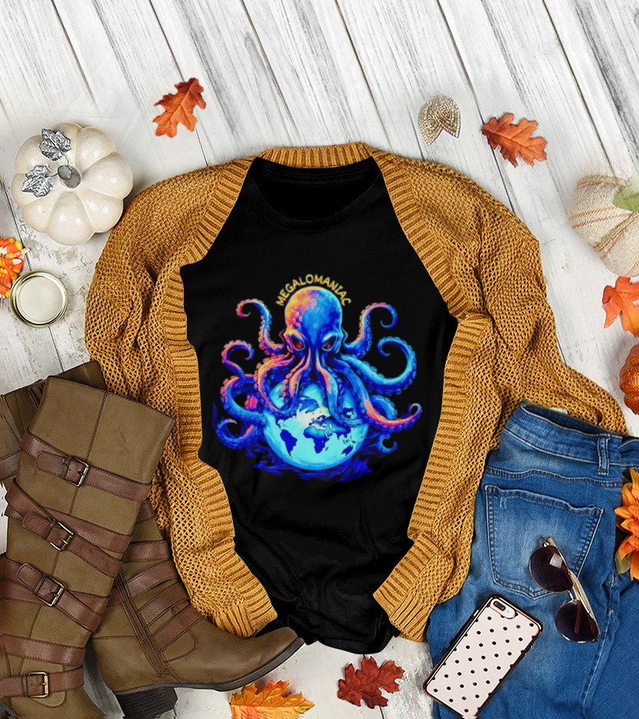 Megalomaniac Kraken Octopus on Globe T-Shirt