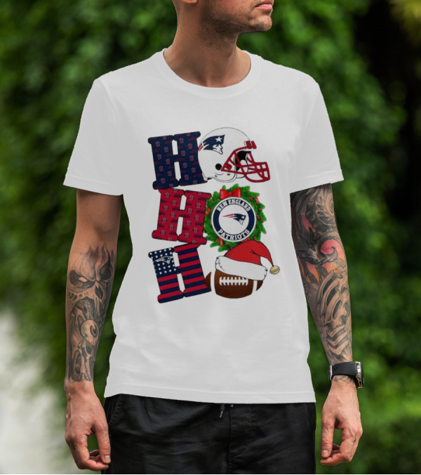 New England Patriots Ho Ho Ho Merry Christmas Football Helmet Wreath Santa Hat Football T-Shirt