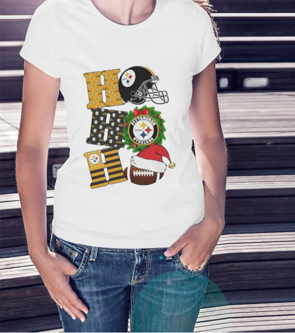 Pittsburgh Steelers Ho Ho Ho Merry Christmas Football Helmet Wreath Santa Hat T-Shirt