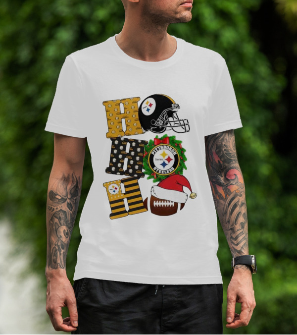 Pittsburgh Steelers Ho Ho Ho Merry Christmas Football Helmet Wreath Santa Hat T-Shirt