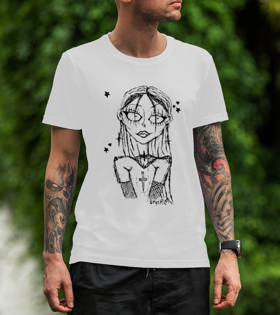 Cream Sketch Bronnie Gothic Character With Cross And Stars T-Shirt
