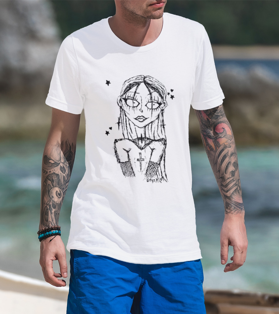 Cream Sketch Bronnie Gothic Character With Cross And Stars T-Shirt