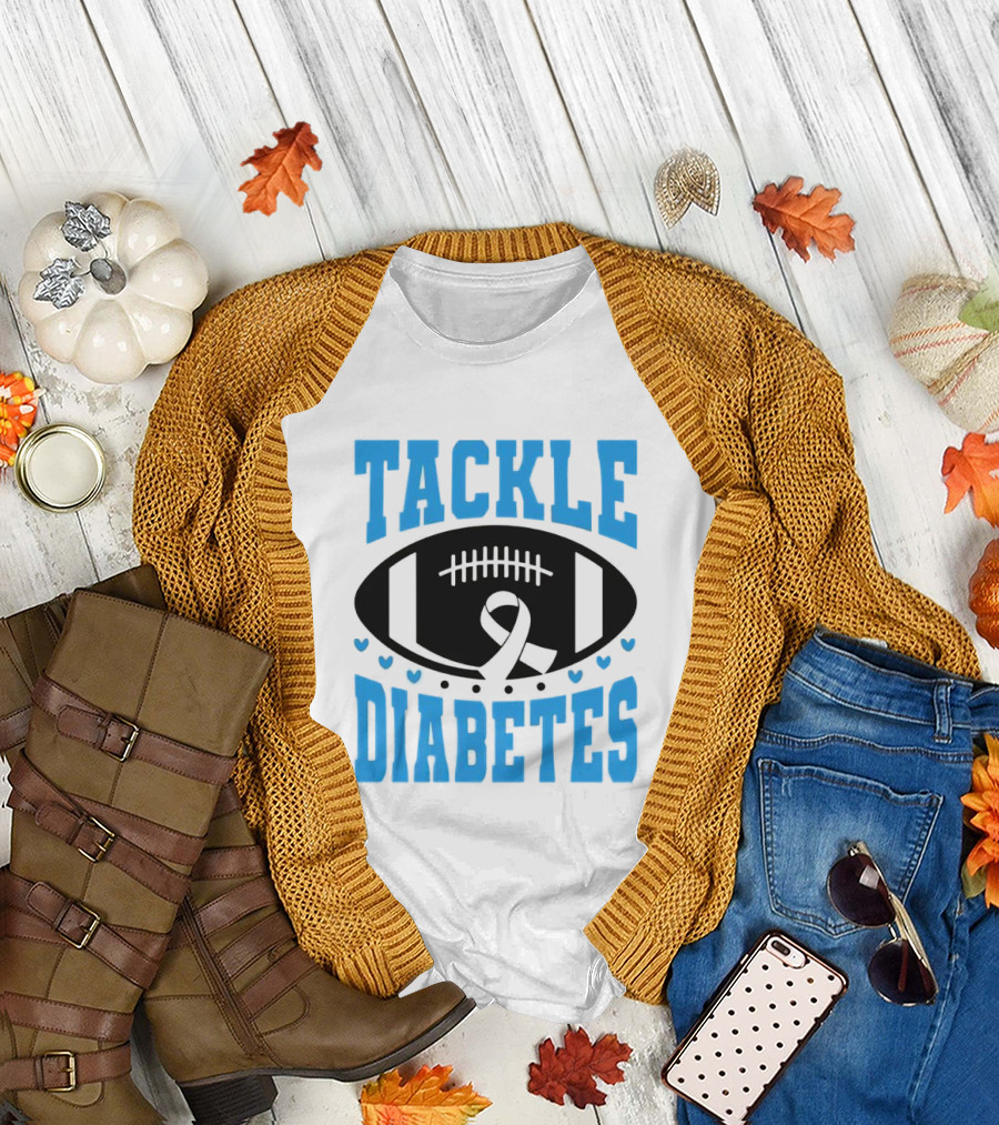 Tackle Diabetes Awareness Football Design with Blue Ribbon and Hearts T-Shirt