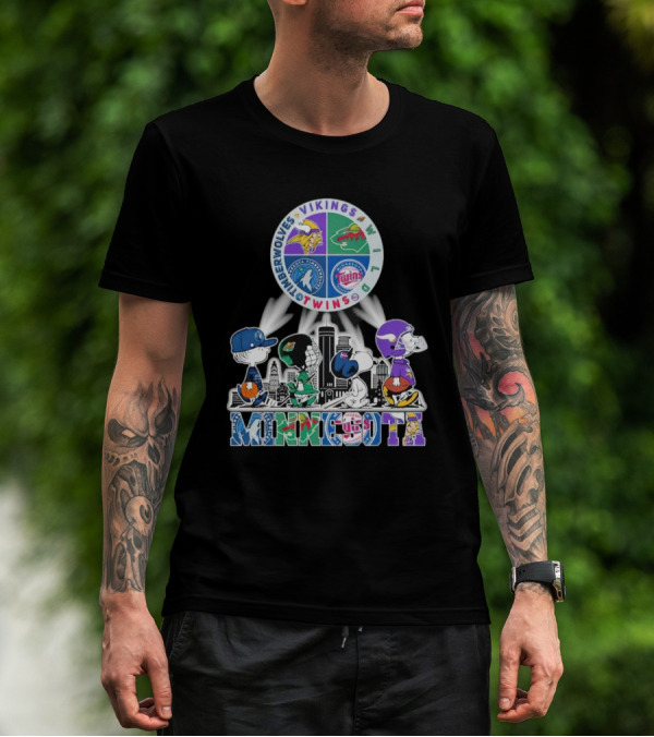 Peanuts Characters Minnesota Vikings Timberwolves Wild Twins Walking In Minnesota T-Shirt