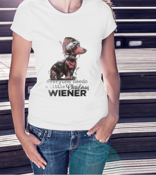 Everyone Needs A Little Christmas Wiener Dachshund With Lights And Santa Hat T-Shirt