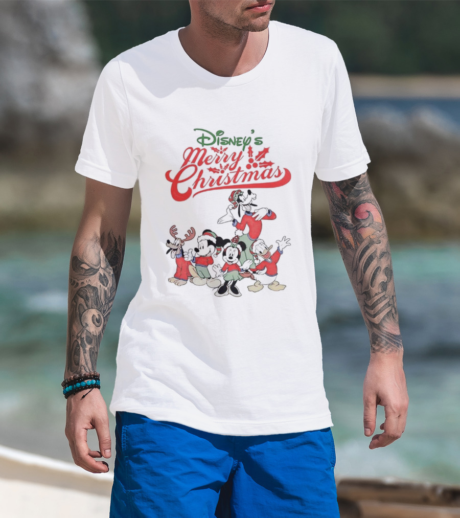 Disney’s Merry Christmas Mickey Minnie Goofy Pluto Festive Holiday T-Shirt