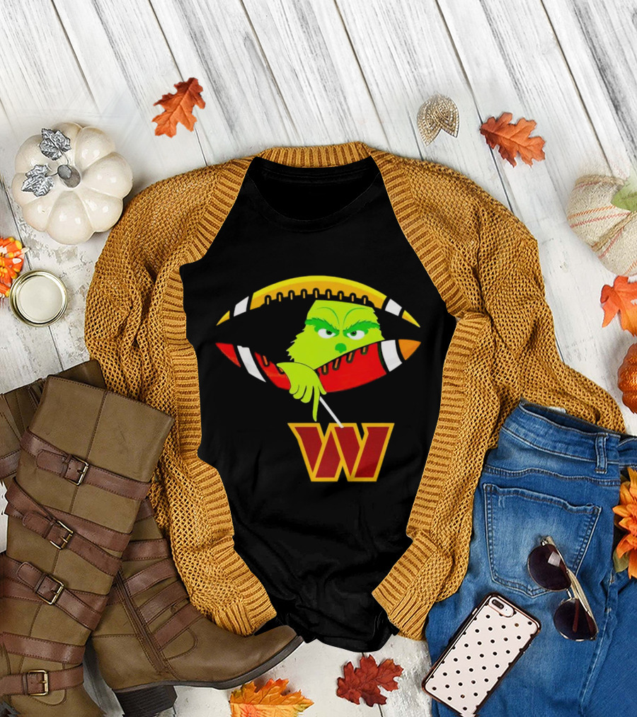Washington Commanders Grinch Holding Football T-Shirt