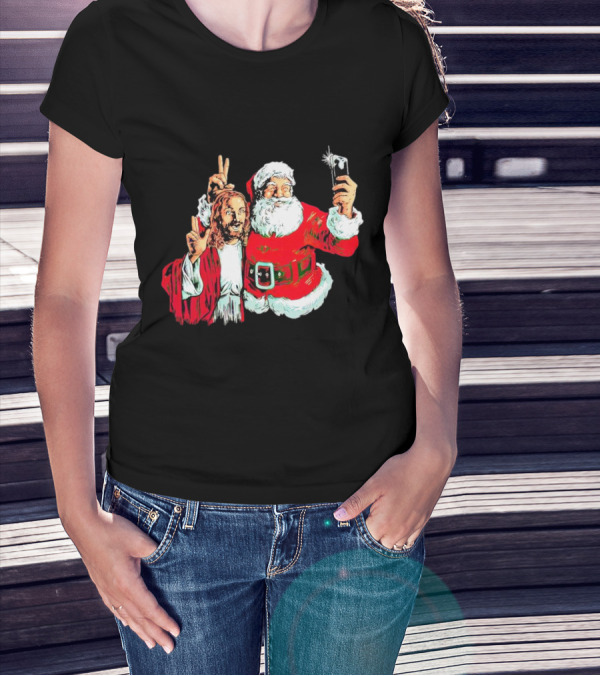 Santa And Jesus Taking Selfie Best Friends Christmas T-Shirt