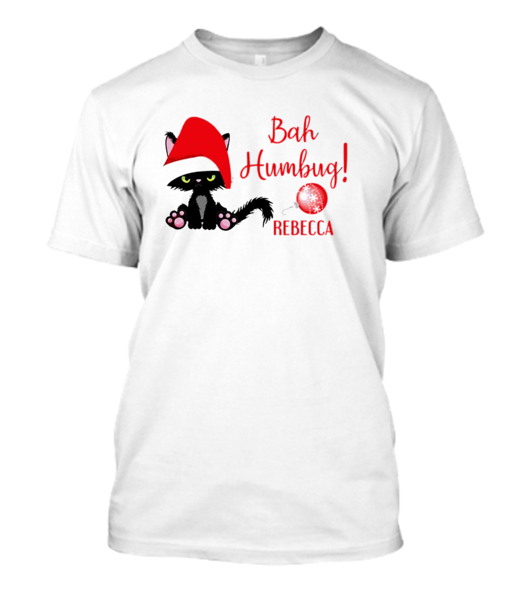 Santa Black Cat Bah Humbug Xmas Custom Name Rebecca T-Shirt