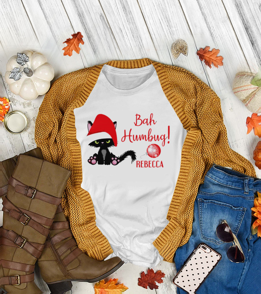 Santa Black Cat Bah Humbug Xmas Custom Name Rebecca T-Shirt