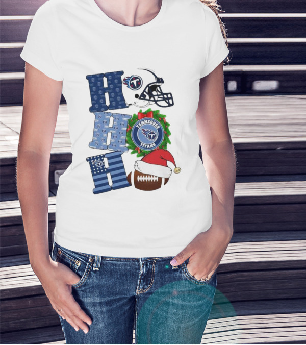 Tennessee Titans Ho Ho Ho Merry Christmas Football Helmet Santa Hat Wreath T-Shirt