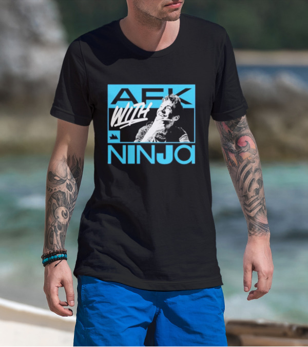 Afk With Ninja Gaming Streamer Icon Text Portrait Blue T-Shirt
