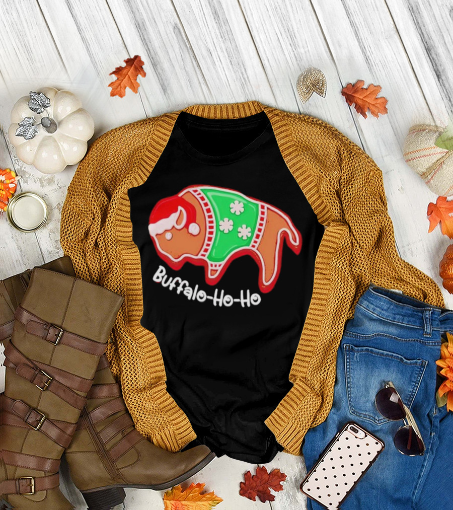 Buffalo-Ho-Ho Christmas Gingerbread Bison Santa T-Shirt