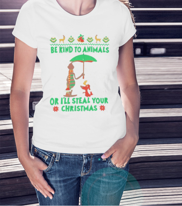 Be Kind To Animals Or I’ll Steal Your Christmas Grinch And Dog With Holiday Symbols T-Shirt