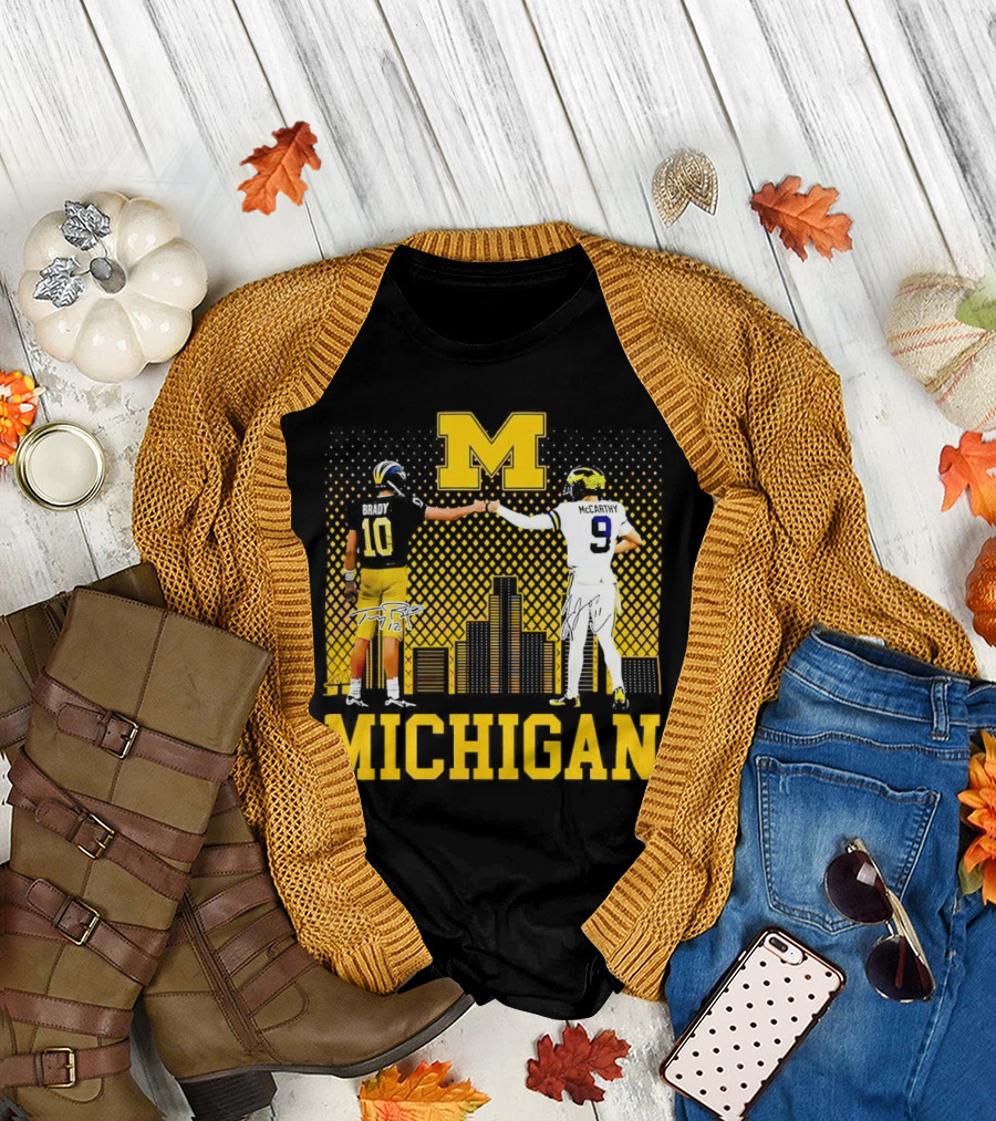 Michigan Wolverines Tom Brady Jj McCarthy Iconic Players Fist Bump Skyline T-Shirt
