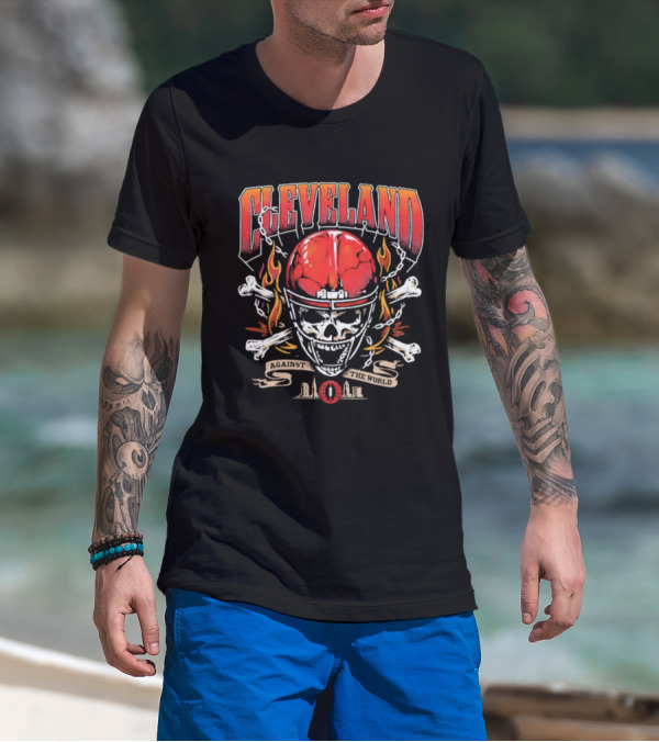 Cleveland Against The World Skull Helmet Flames Crossbones T-Shirt