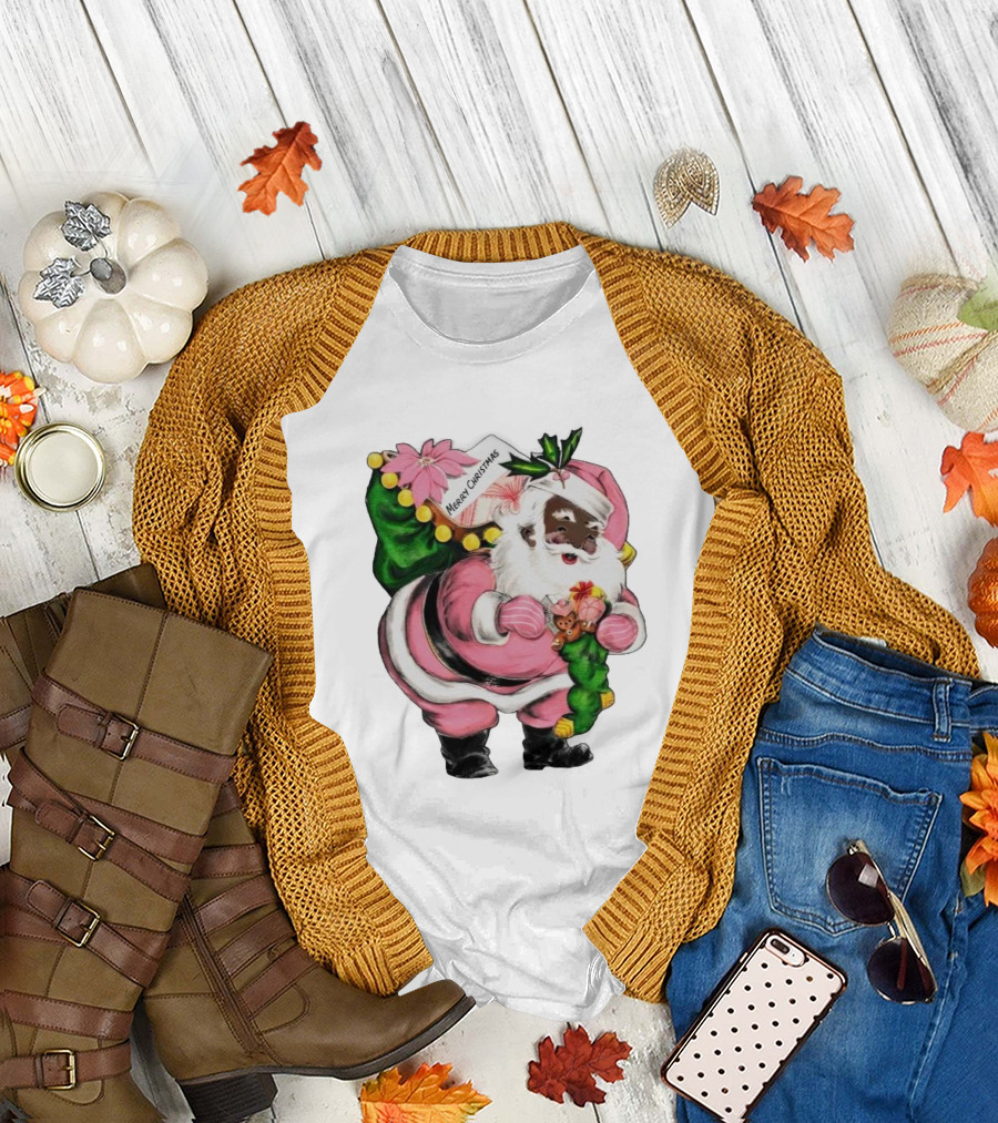 Merry Christmas Santa Claus Wear Pink Outfit with Sack and Toys T-Shirt