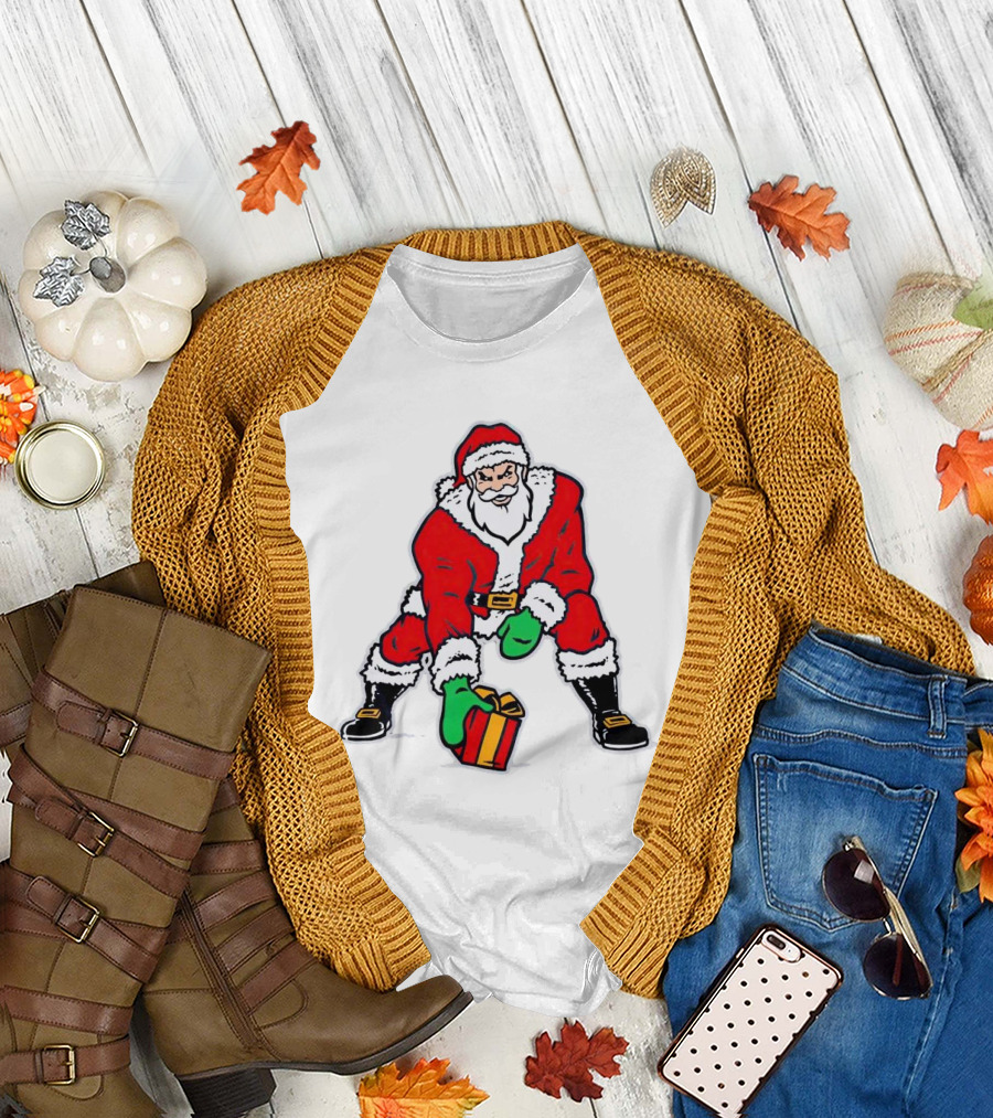 Santa Three Point Stance with Gift Christmas T-Shirt
