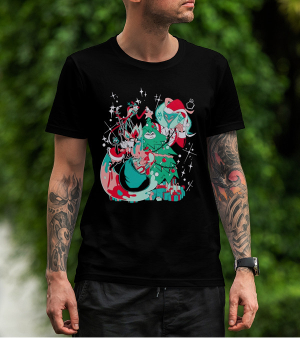 Shark Robot Sinful Holiday Christmas Hazbin Hotel Festive Tree And Characters T-Shirt