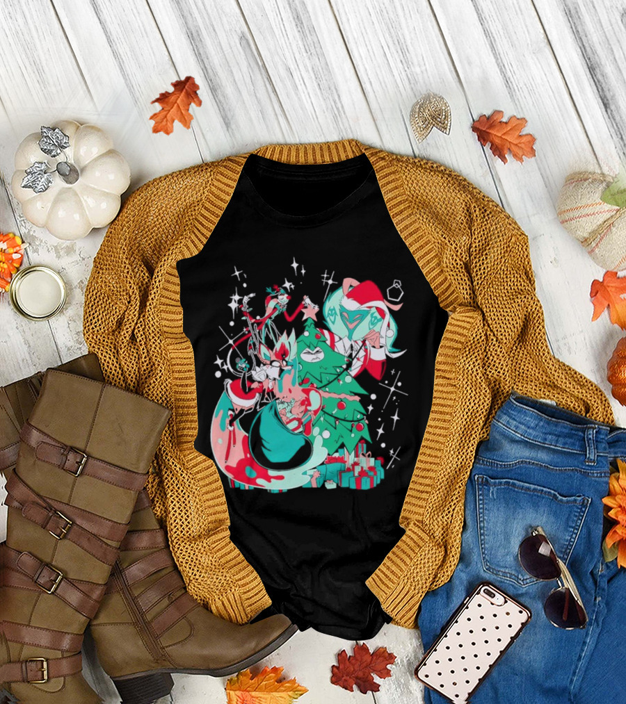 Shark Robot Sinful Holiday Christmas Hazbin Hotel Festive Tree and Characters T-Shirt