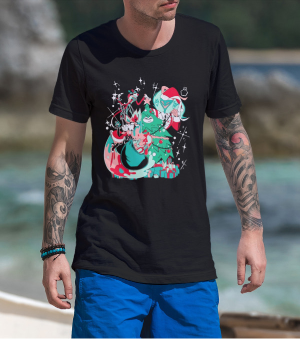 Shark Robot Sinful Holiday Christmas Hazbin Hotel Festive Tree And Characters T-Shirt