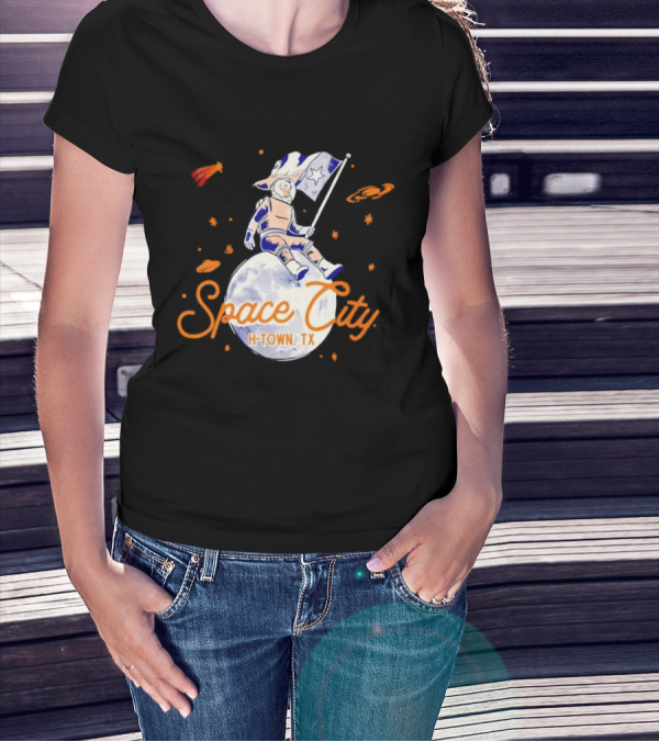 Space City H-Town TX Astronaut On Moon With Saturn And Stars T-Shirt