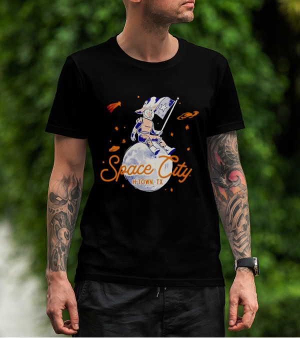 Space City H-Town TX Astronaut On Moon With Saturn And Stars T-Shirt