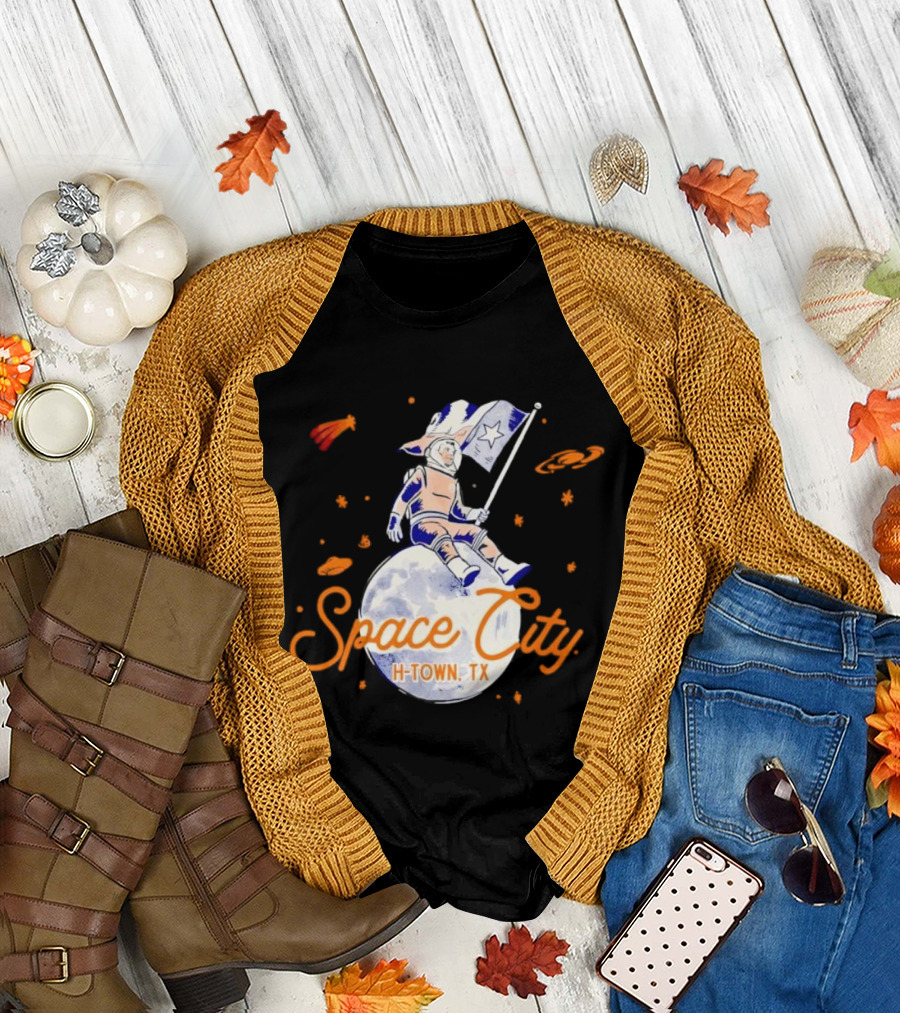 Space City H-Town TX Astronaut on Moon with Saturn and Stars T-Shirt