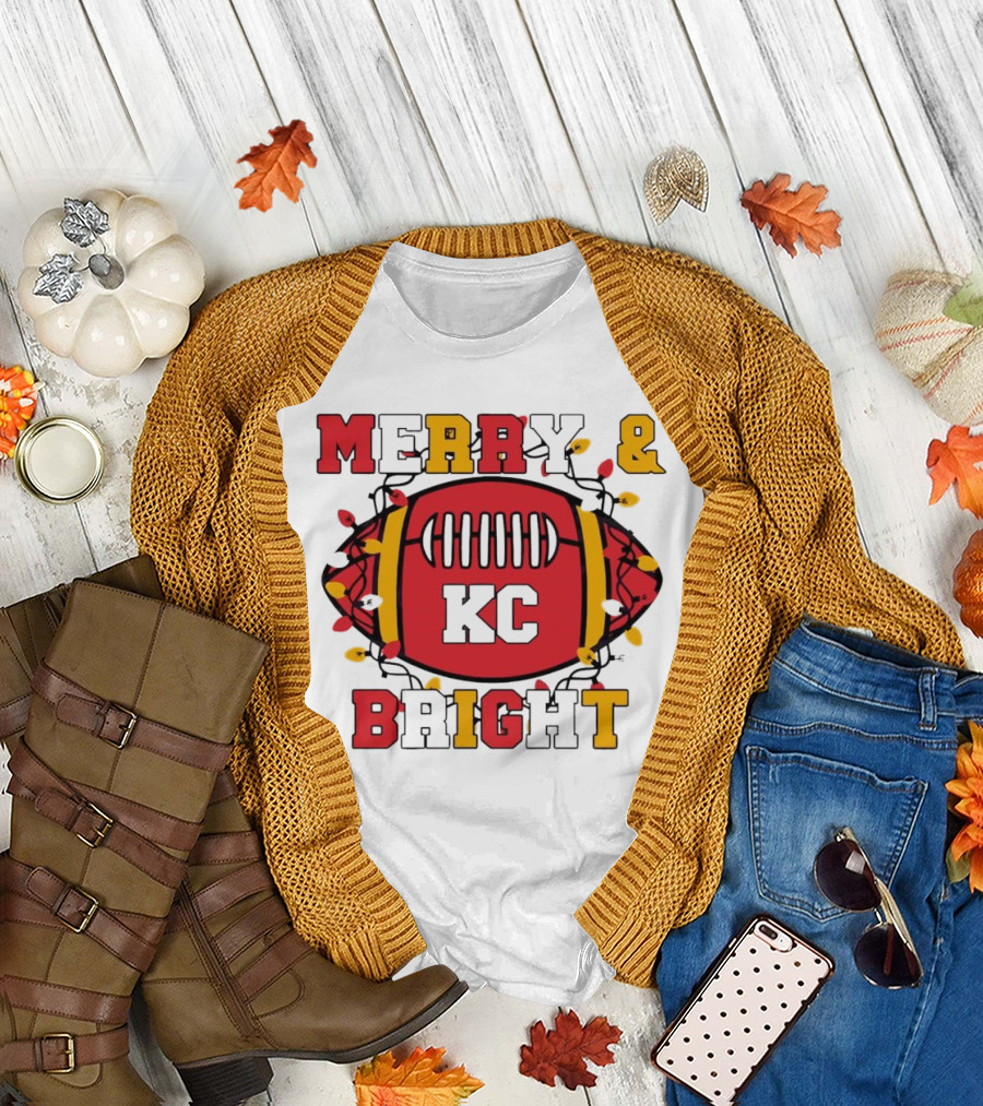 Kansas City Chiefs KC Merry and Bright Football Christmas T-Shirt