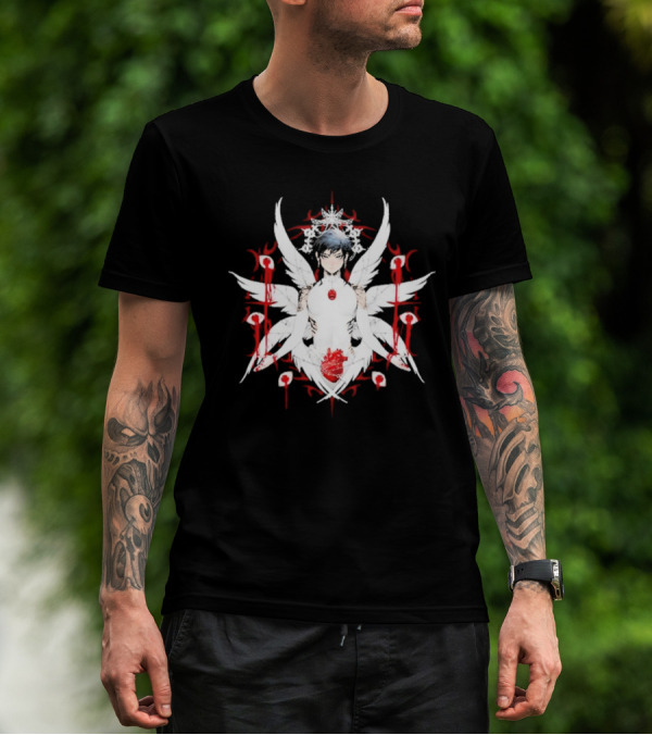 W6rst Maza Anime Angelic Figure With Wings And Red Accents T-Shirt