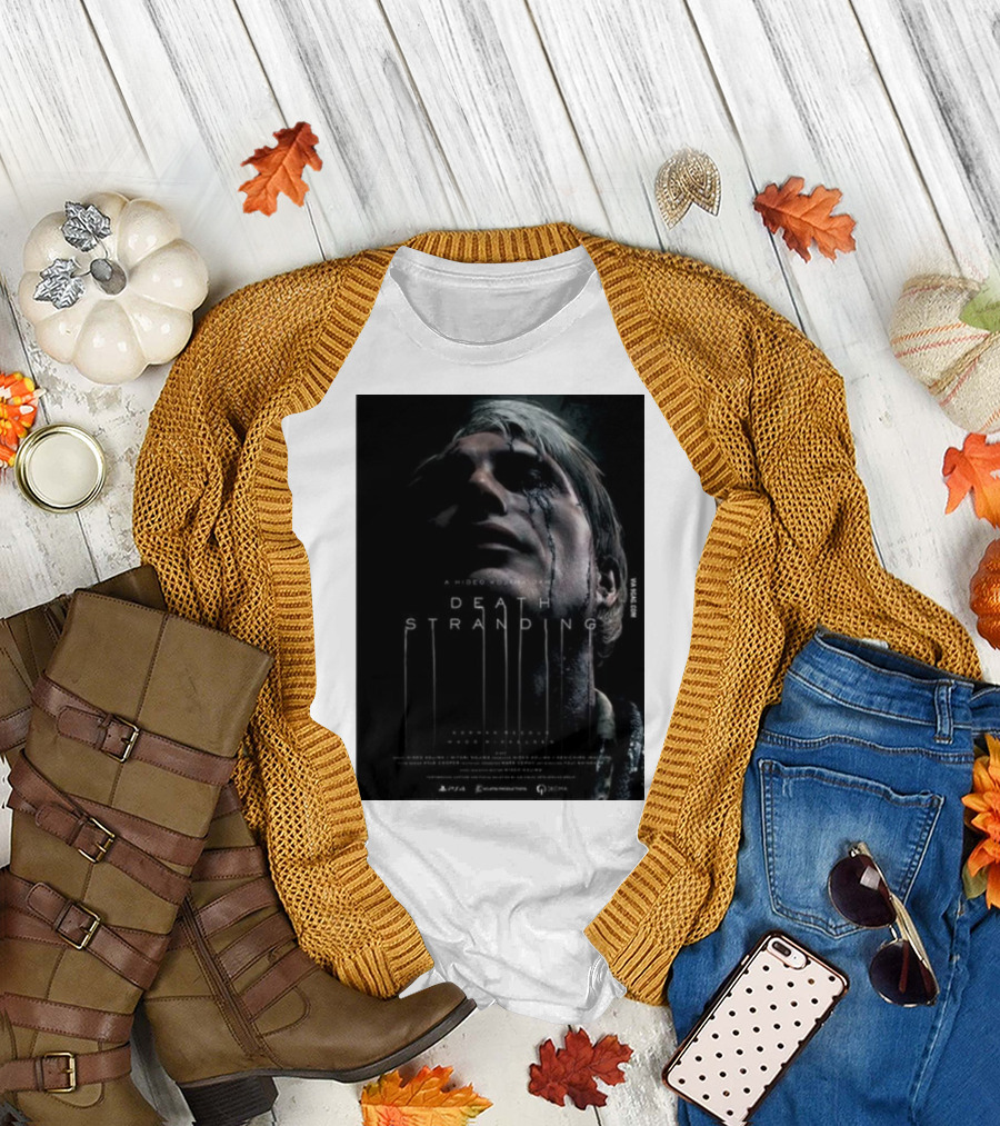 A Hideo Kojima Game Death Stranding Poster with Actor's Face and Title in Dripping T-Shirt