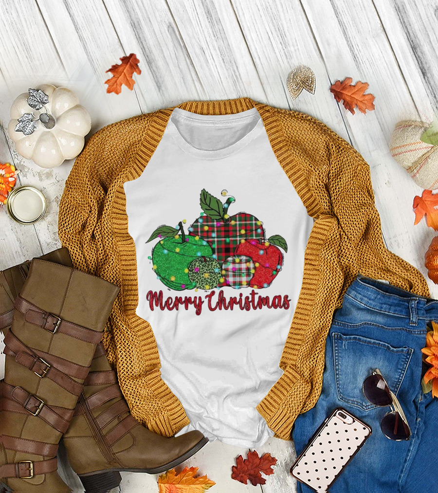 Merry Christmas Apples Plaid and Lights T-Shirt