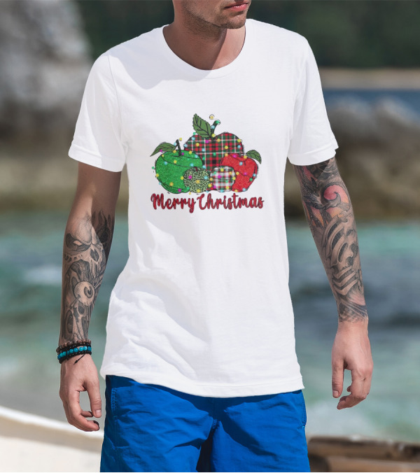 Merry Christmas Apples Plaid And Lights T-Shirt