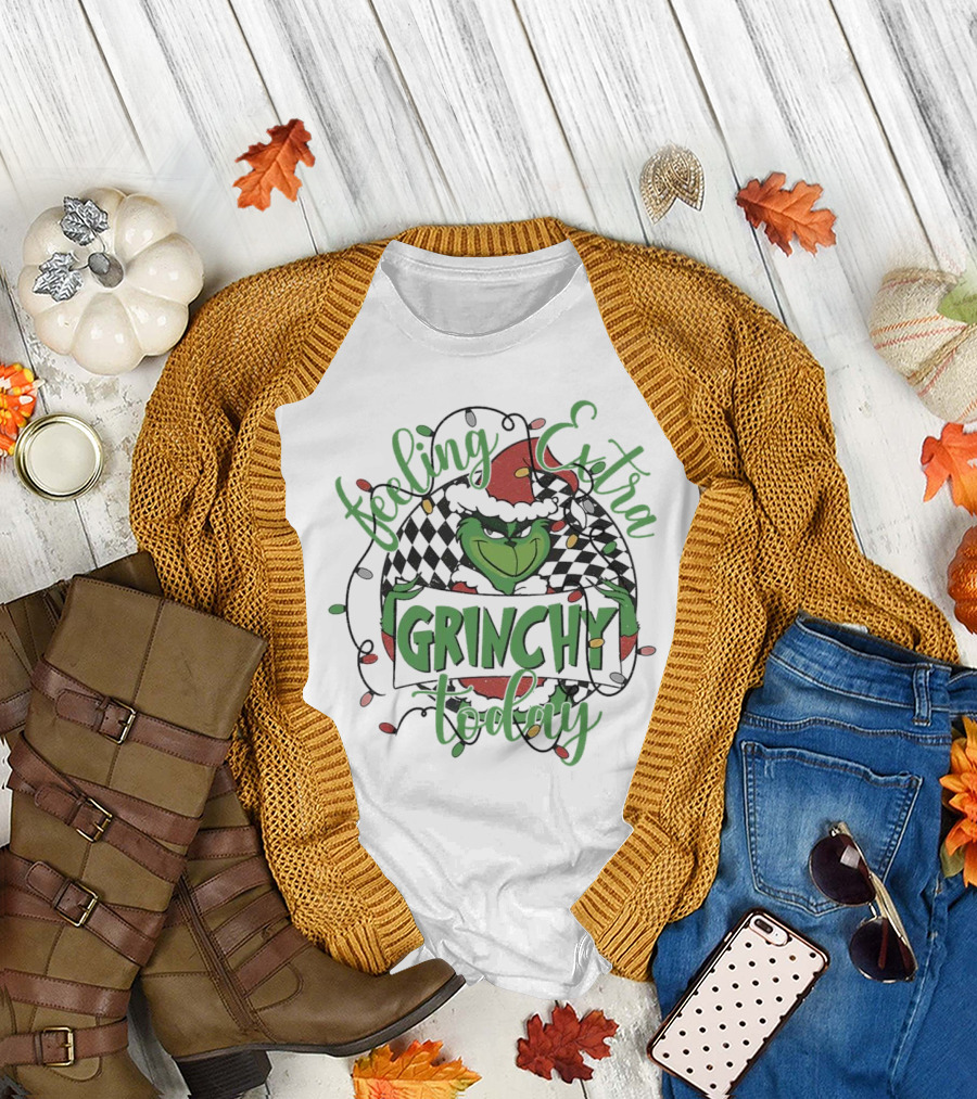 Feeling Extra Grinchy Today Checkered Christmas Lights T-Shirt
