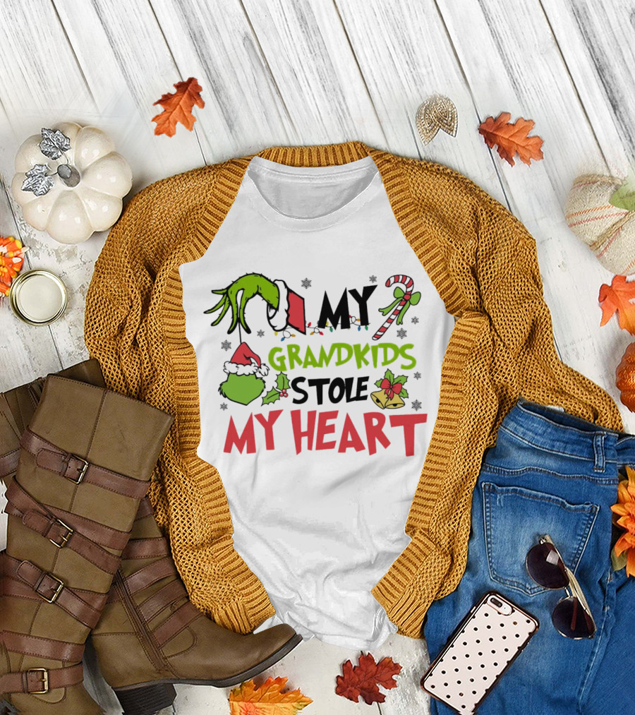 Grinch Hand My Grandkids Stole My Heart My Grandkids Christmas T-Shirt