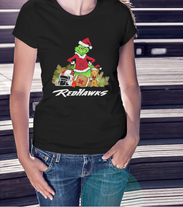 Grinch With Miami RedHawks Christmas Football Santa Hat T-Shirt