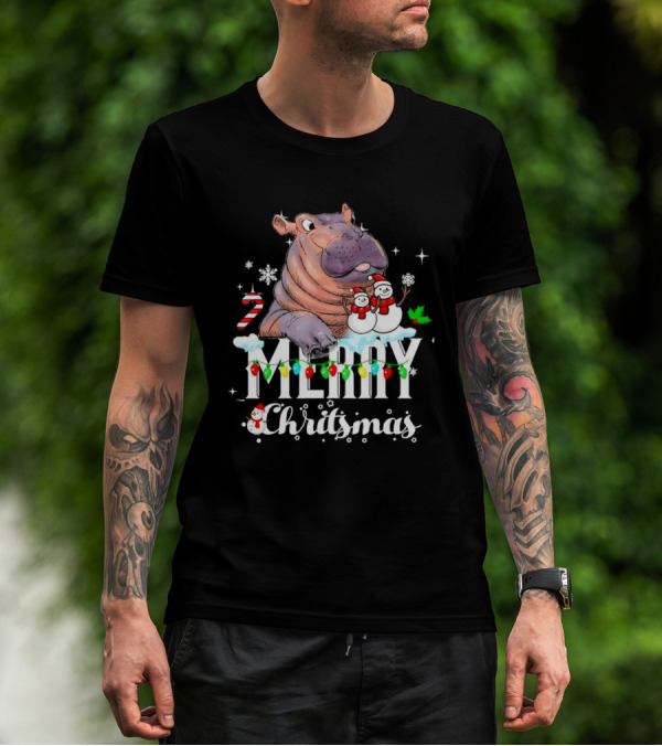Hippo Merry Christmas Snowmen Candy Cane Lights T-Shirt