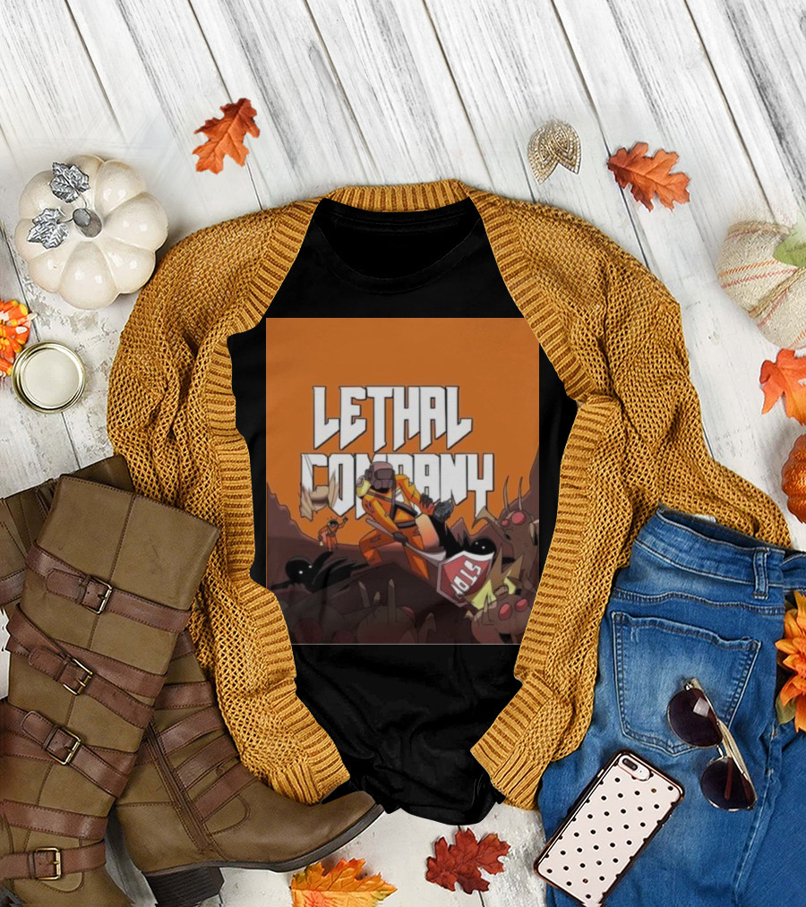 Lethal Company Stop Sign Creature Battle Scene T-Shirt