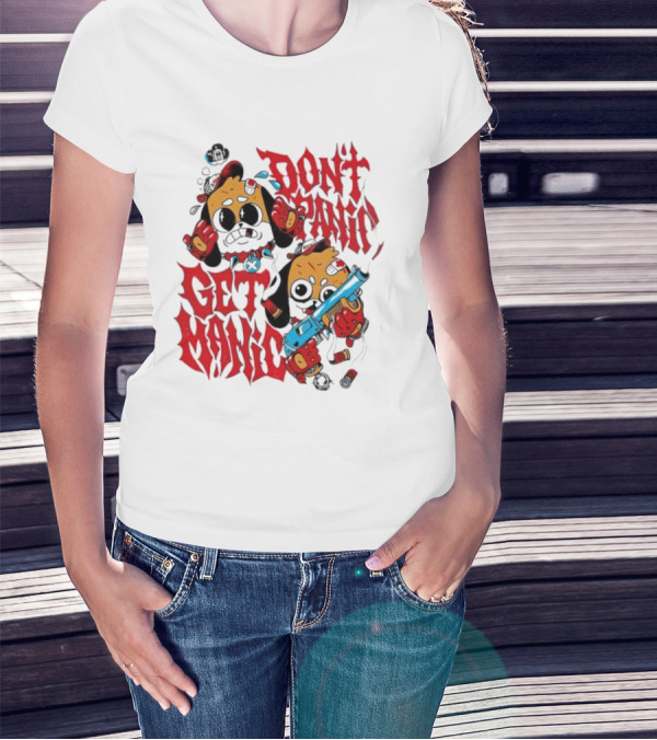 Don’t Panic Get Manic Cartoon Bears In Red And Black With Blue Gun T-Shirt