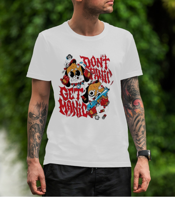 Don’t Panic Get Manic Cartoon Bears In Red And Black With Blue Gun T-Shirt