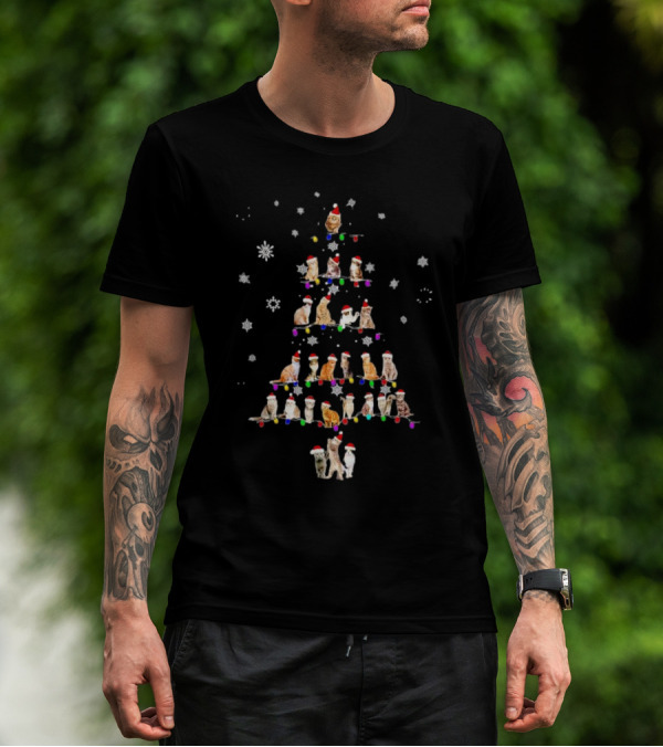 Cats With Santa Hats And Christmas Lights In Tree Shape T-Shirt