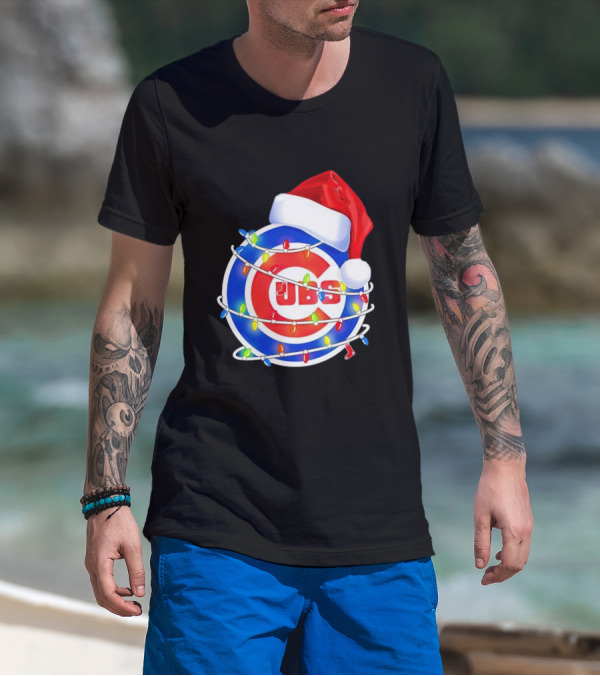 Chicago Cubs Festive Christmas Lights With Santa Hat T-Shirt