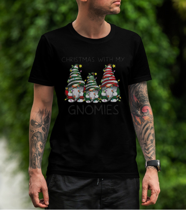 Christmas With My Gnomies Festive Holiday Lights Gnome Trio T-Shirt