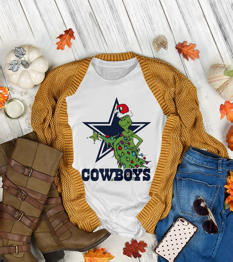 Dallas Cowboys Grinch in Santa Hat with Christmas Tree and Star T-Shirt