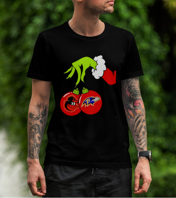 Grinch Hand Holding Baltimore Ravens And Orioles Christmas Ornaments T-Shirt