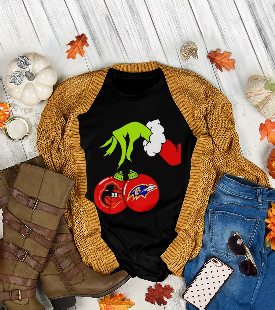 Grinch Hand Holding Baltimore Ravens and Orioles Christmas Ornaments T-Shirt