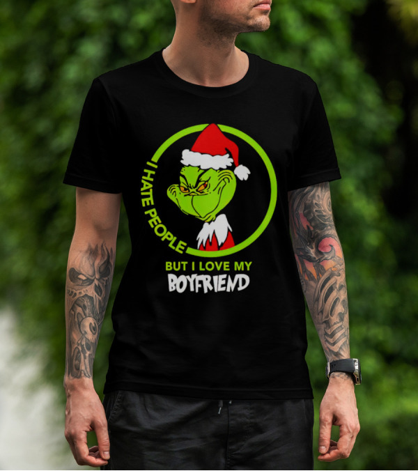 Grinch I Hate People But I Love My Boyfriend Christmas Santa Hat T-Shirt